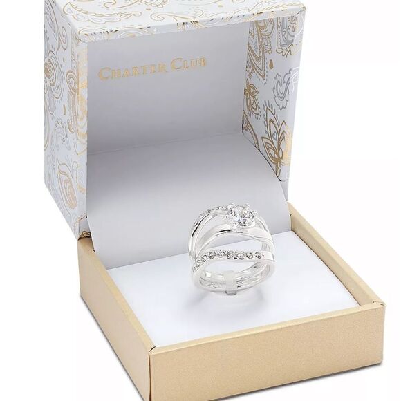 New in Bow CHARTER CLUB Fine Silver Plate Crystal Wavy Ring - Picture 3 of 7